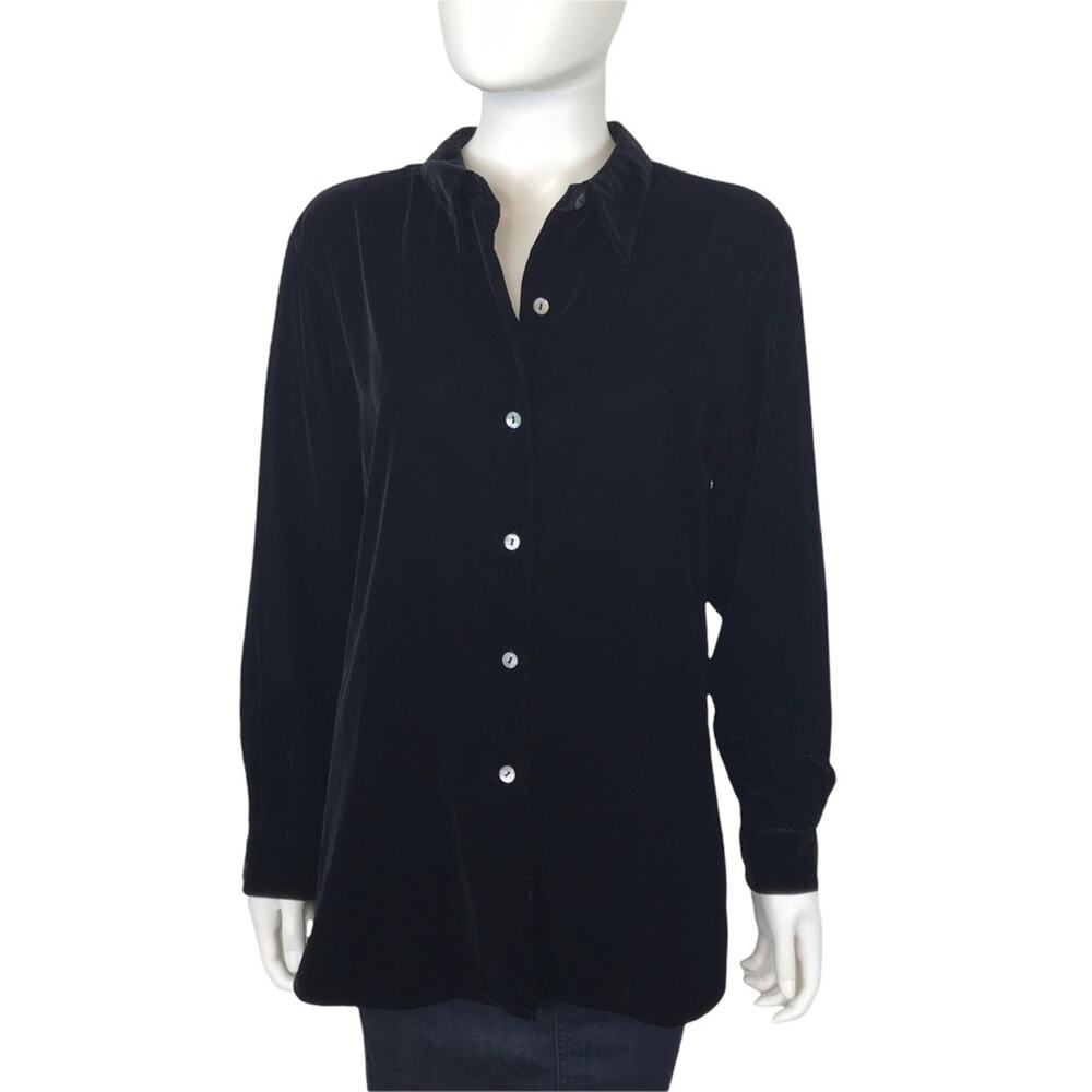 Liz Claiborne Black Velvet Blouse Evening Button Down Long Sleeve 8P